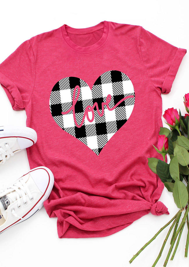 T-shirts Tees Love Plaid O-Neck T-Shirt Tee in Rose Red. Size: L
