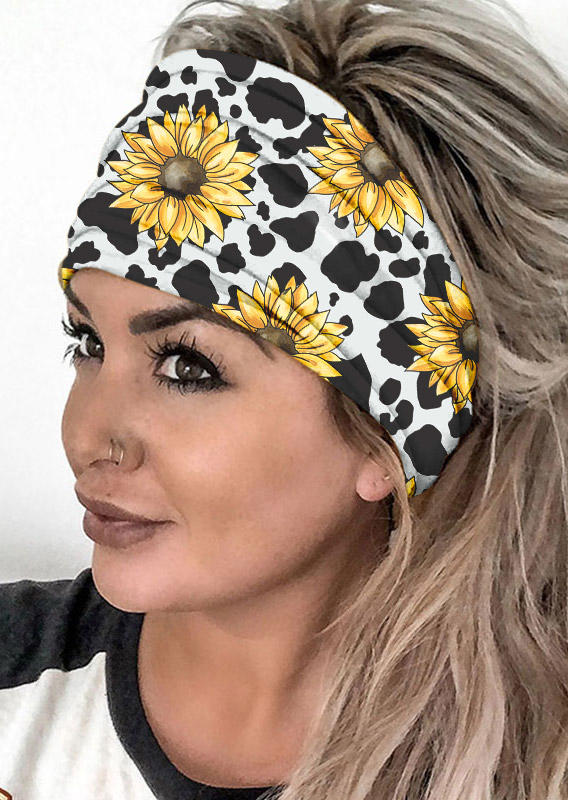 

Cow Sunflower Sports Wide Headband in Black. Size