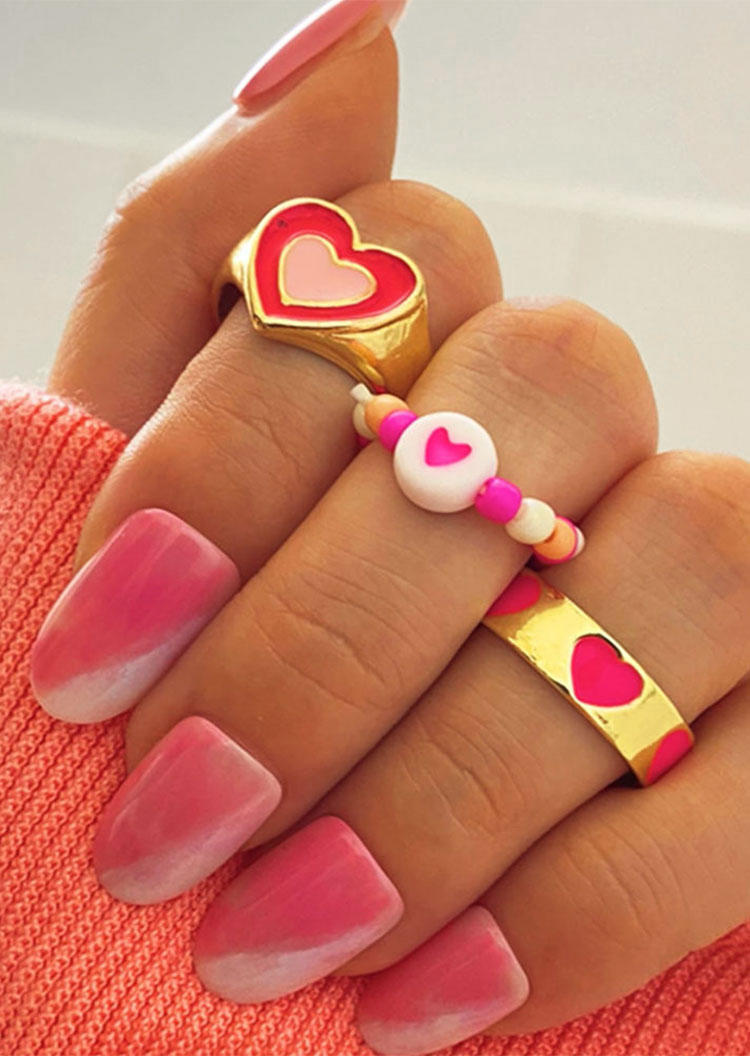 

Rings 3Pcs Valentine Heart Beading Ring Set in Rose Red. Size