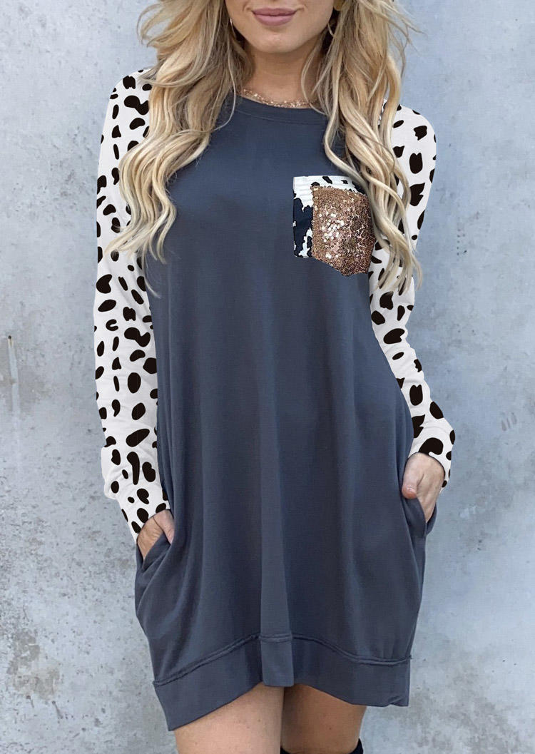 

Mini Dresses Sequined Splicing Cow Leopard Sweater Mini Dress in Multicolor. Size: ,M,L,XL