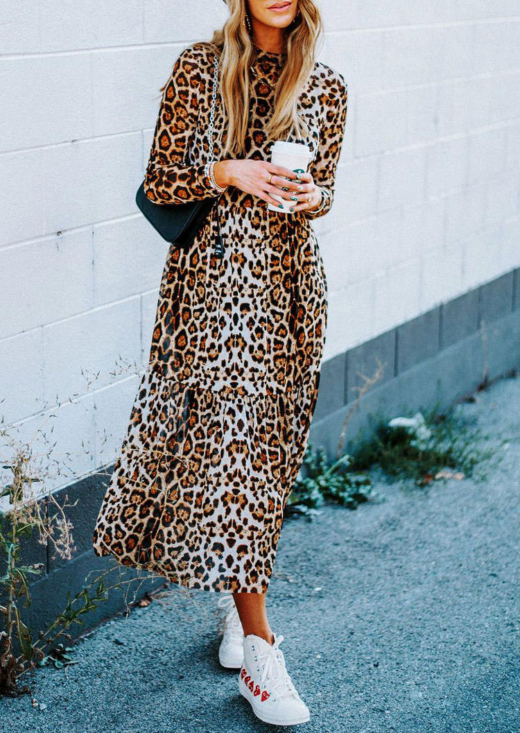 Maxi Dresses Leopard O-Neck Long Sleeve Maxi Dress in Multicolor. Size: L,M,S,XL
