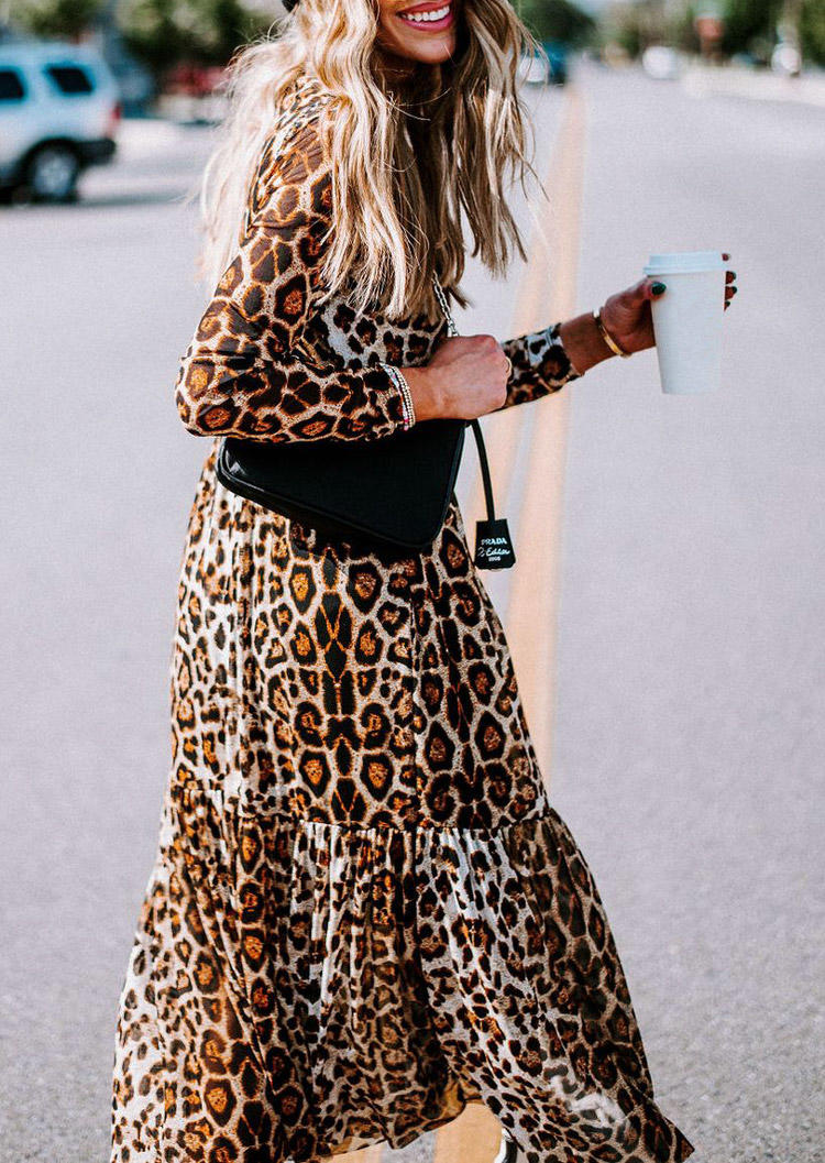 Leopard O-Neck Long Sleeve Maxi Dress