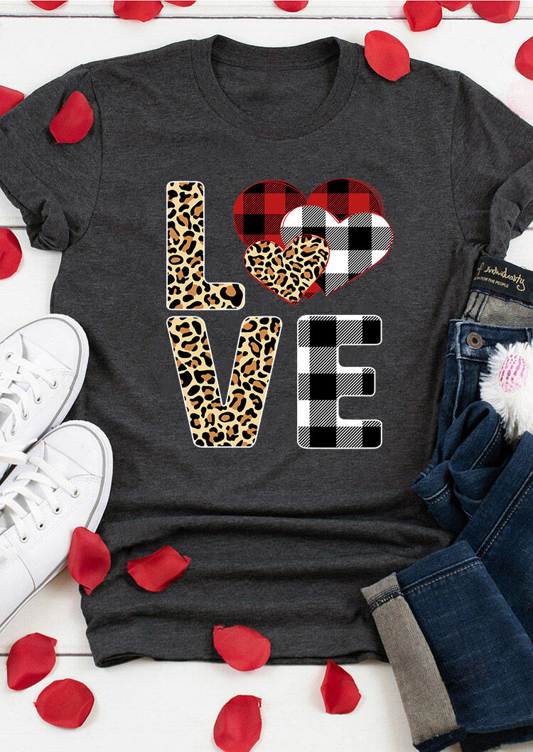 Valentine Love Plaid Leopard T-Shirt Tee - Dark Grey