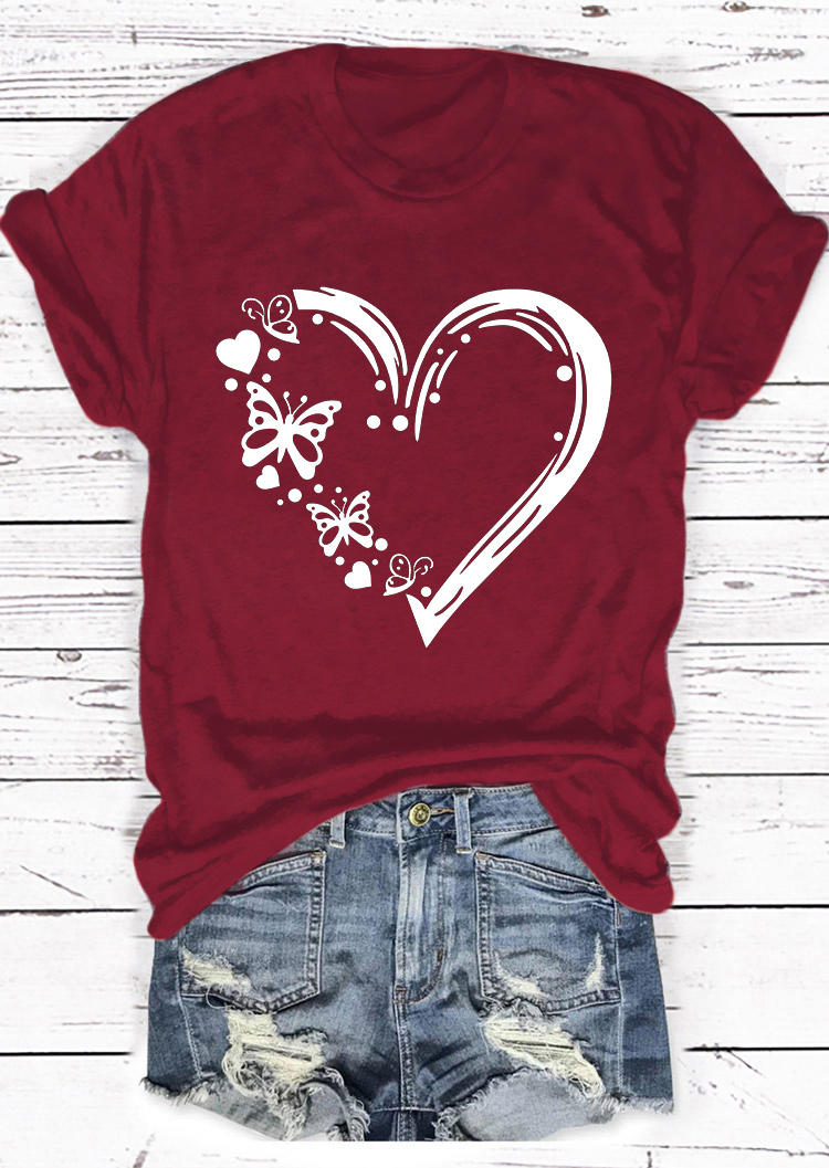 T-shirts Tees Heart Butterfly T-Shirt Tee in Burgundy. Size: S
