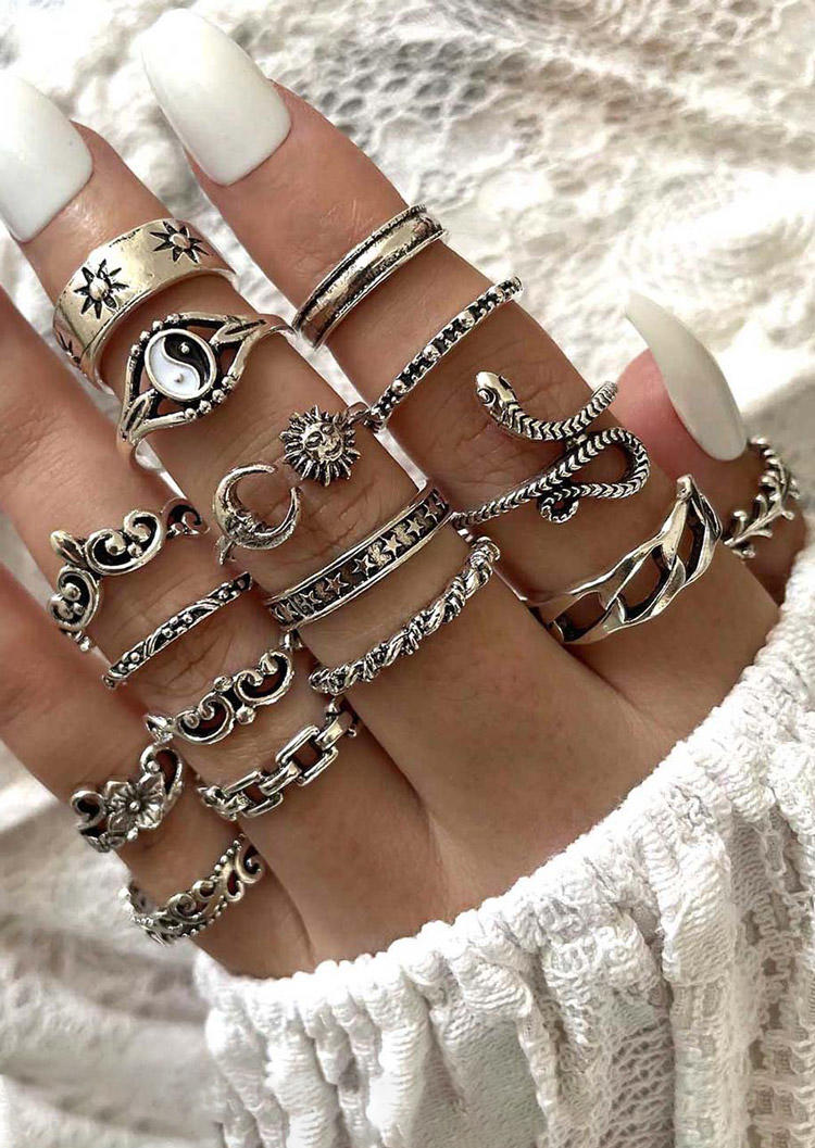 

Rings 16Pcs Sun Moon Snake Leaf Floral Ring Set in Silver. Size
