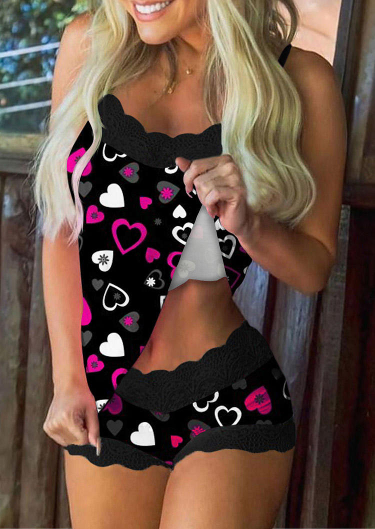 

Sleepwear Valentine Lace Heart Camisole And Shorts Pajamas Set in Multicolor. Size: ,M,L,XL