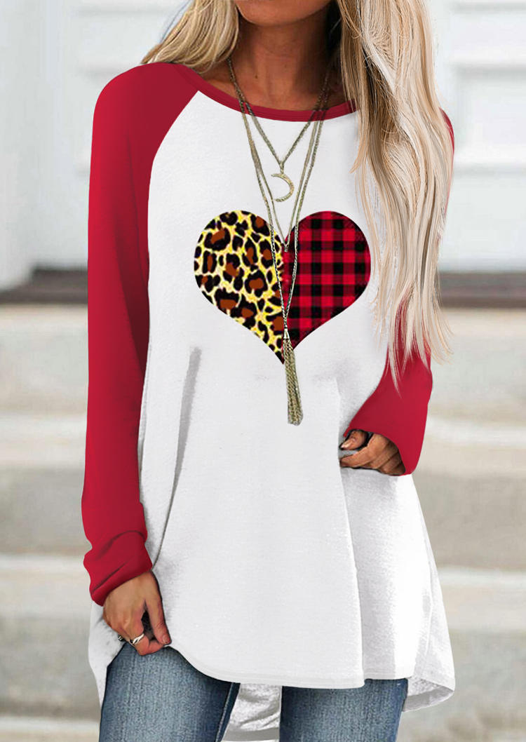 T-shirts Tees Leopard Plaid Heart Long Sleeve T-Shirt Tee in White. Size: L,M,S,XL