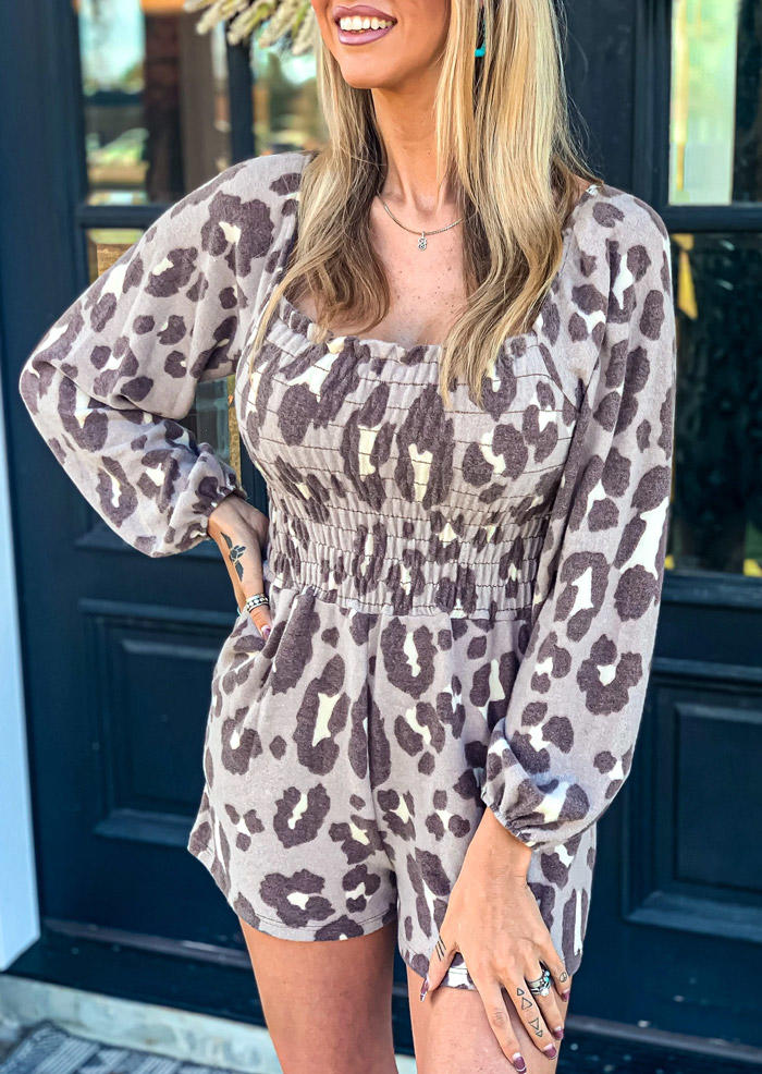 Leopard Smocked Pocket Long Sleeve Romper