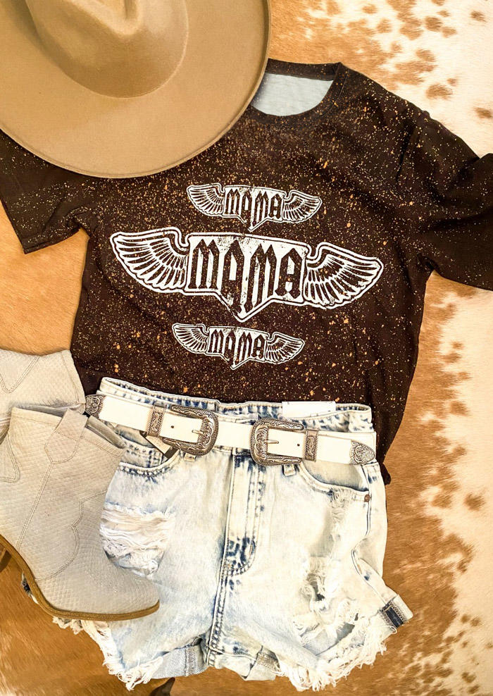 Mama Wings Bleached T-Shirt Tee - Coffee