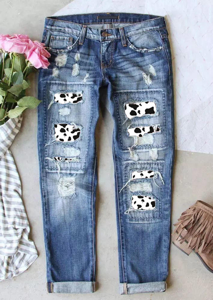 

Pants Cow Ripped Hole Patch Distressed Denim Jeans in Blue. Size: ,M,L,XL