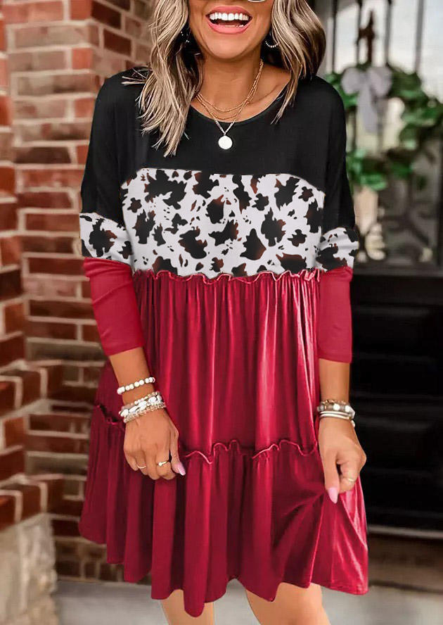 

Mini Dresses Cow Ruffled Long Sleeve Mini Dress in Multicolor. Size: ,M,L,XL