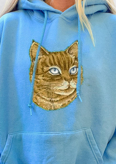 

Hoodies Cat Kangaroo Pocket Long Sleeve Hoodie in Blue. Size: ,M,L,XL