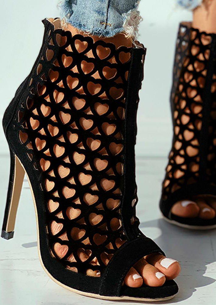 

Sandals Hollow Out Heart Zipper Heeled Sandals in Black. Size