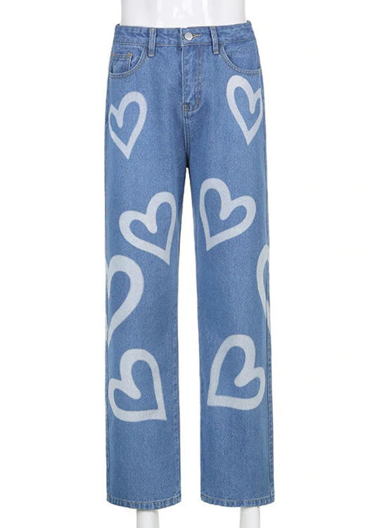

Pants Heart High Waist Button Jeans Pants in Light Blue. Size: ,M,L,XL