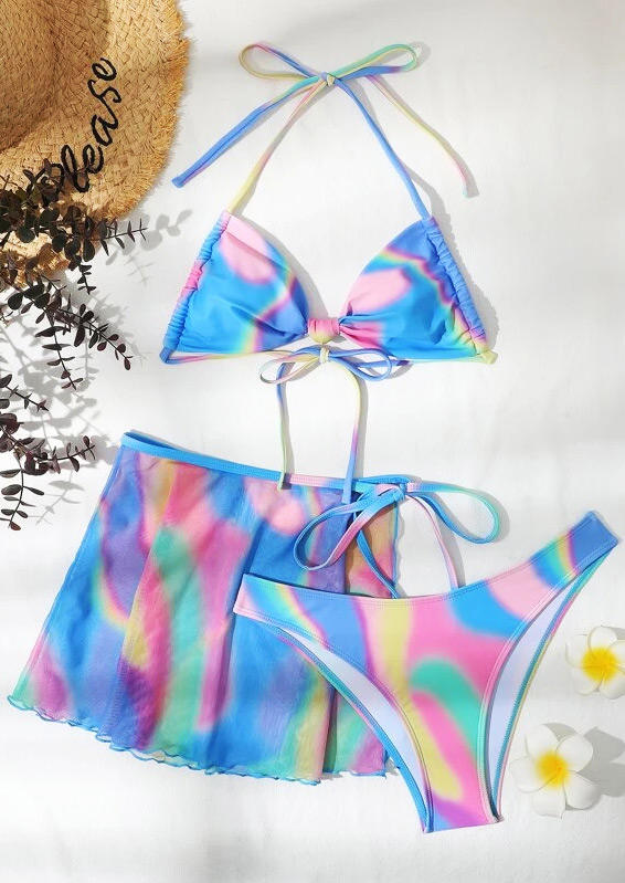 

Bikini Sets 3Pcs Tie Dye Twist Halter Bikini Set in Multicolor. Size: ,M,L
