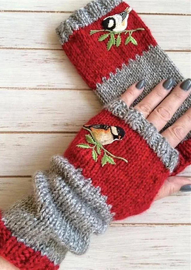 

Gloves Ethnic Style Bird Knitted Fingerless Gloves in Black,Red. Size