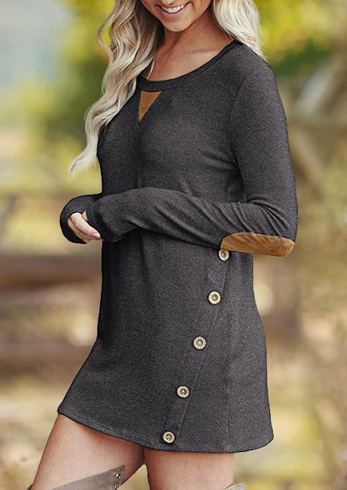 Mini Dresses Button Elbow Patch Long Sleeve Mini Dress - Dark Grey in Gray. Size: L,M,S,XL