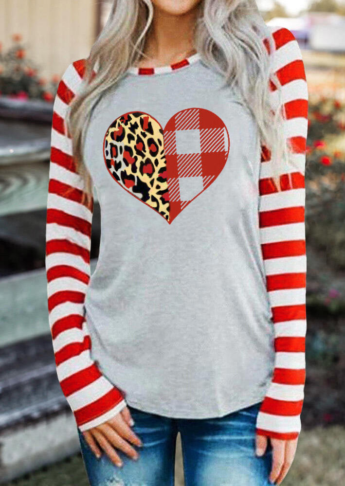 T-shirts Tees Striped Leopard Plaid Heart T-Shirt Tee in Multicolor. Size: L,M,S