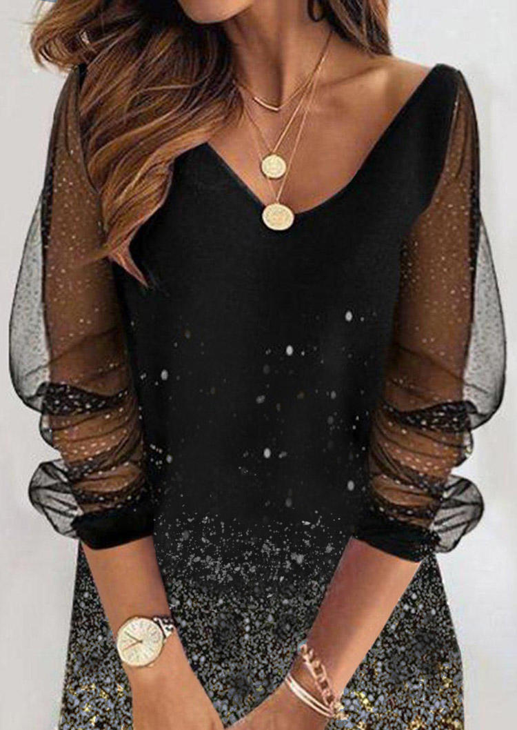 Mesh Splicing Long Sleeve Mini Dress - Black