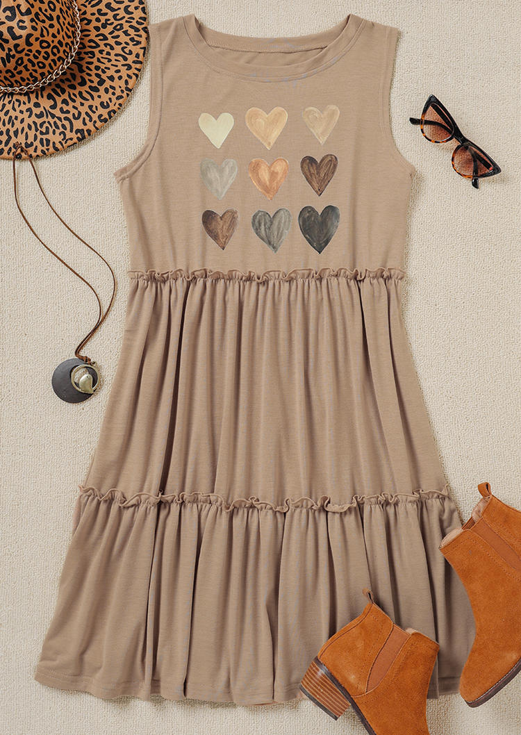 Mini Dresses Heart Ruffled Sleeveless Mini Dress in Khaki. Size: S,M