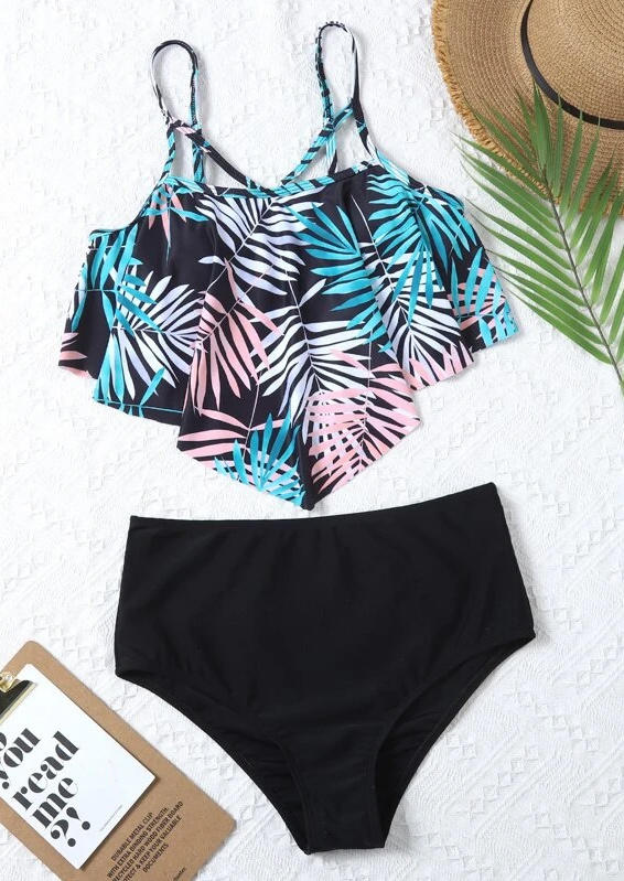 Tankinis Palm Leaf Hollow Out Tankini Set in Black. Size: L,M,S,XL