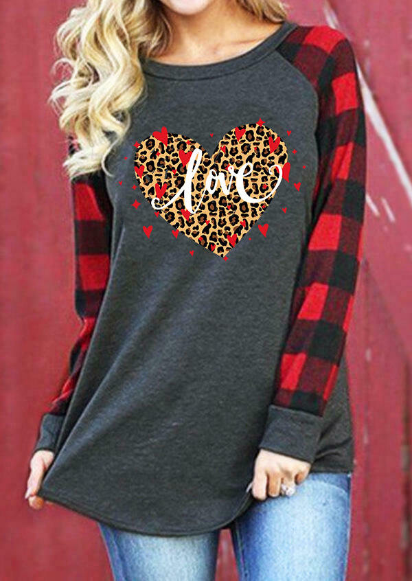 

Blouses Valentine Love Heart Leopard Plaid Blouse in Dark Grey. Size: ,M,L,XL