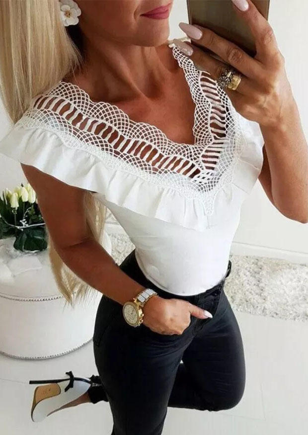 Lace Splicing Ruffled Hollow Out Tank - White