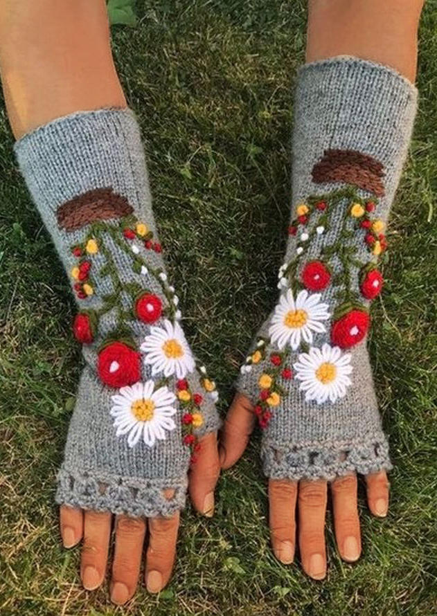 

Gloves Floral Knitted Fingerless Gloves in Deep Blue. Size