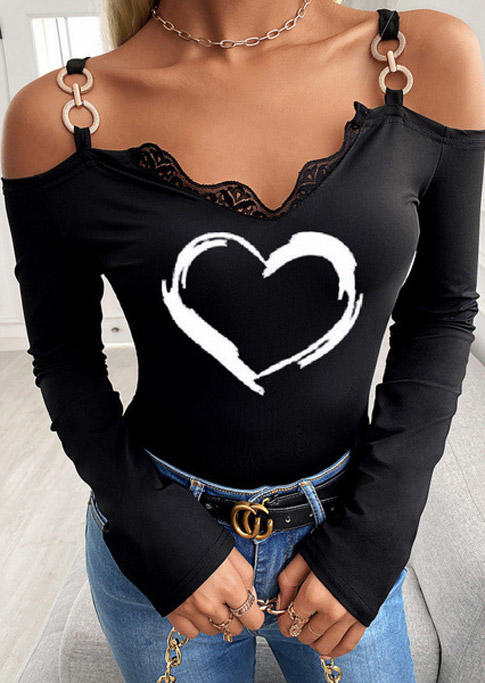 Blouses Heart Lace Cold Shoulder Blouse in Black. Size: L