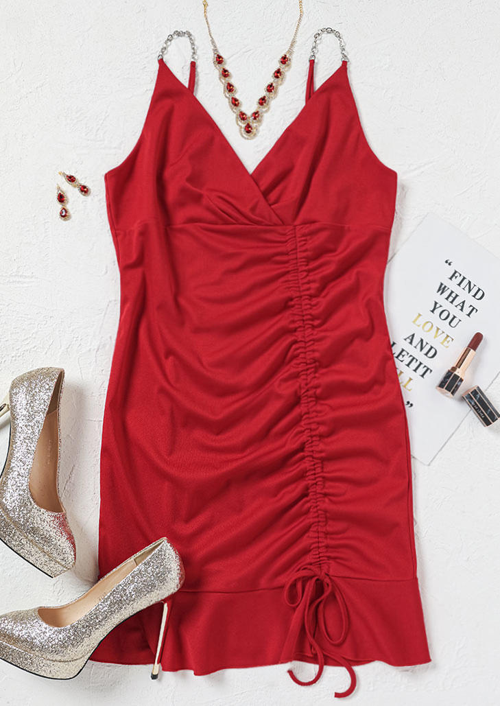 Ruched Wrap Spaghetti Strap Bodycon Dress - Red