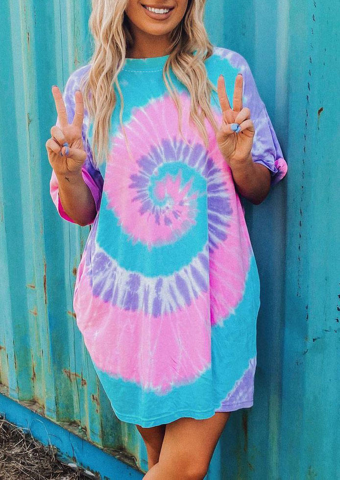Swirl Tie Dye O-Neck Mini Dress