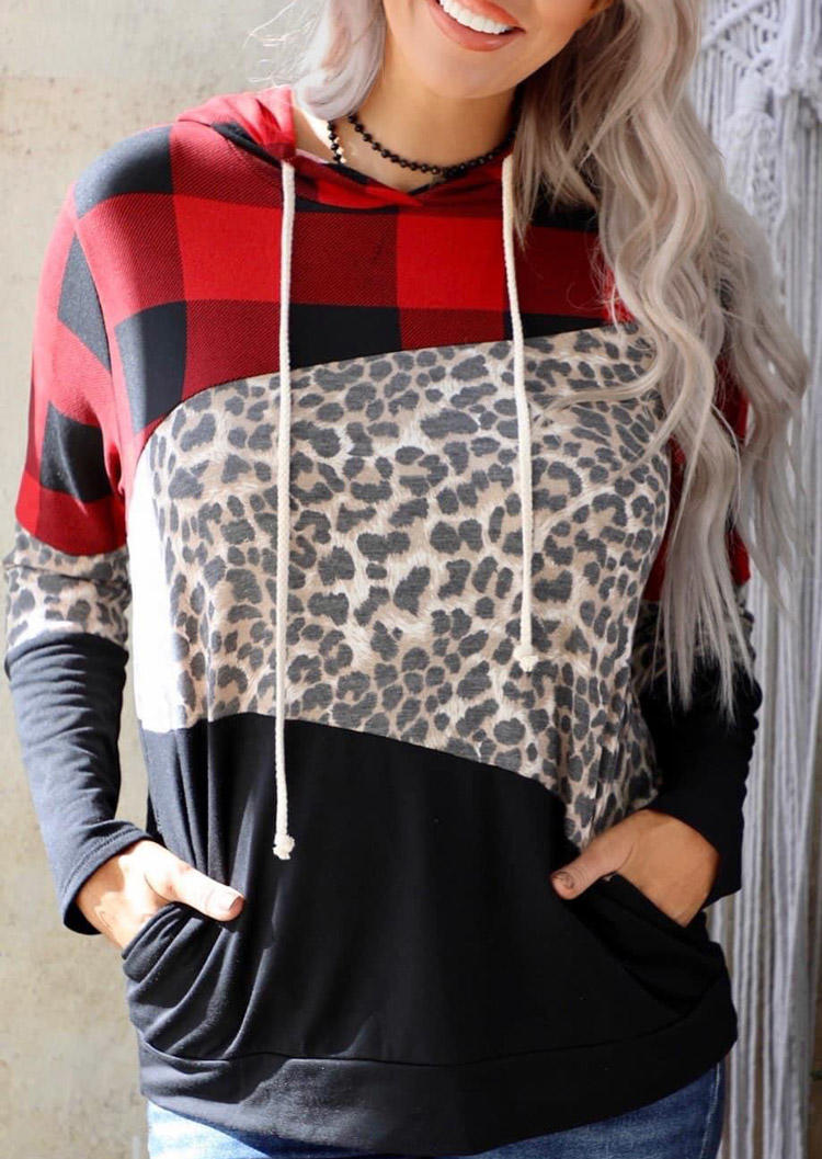 

Hoodies Plaid Leopard Pocket Long Sleeve Hoodie in Multicolor. Size: ,M,L,XL