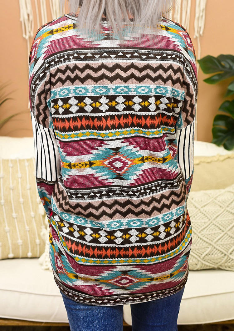 

Blouses Aztec Geometric Pocket Striped Zigzag Blouse in Burgundy. Size