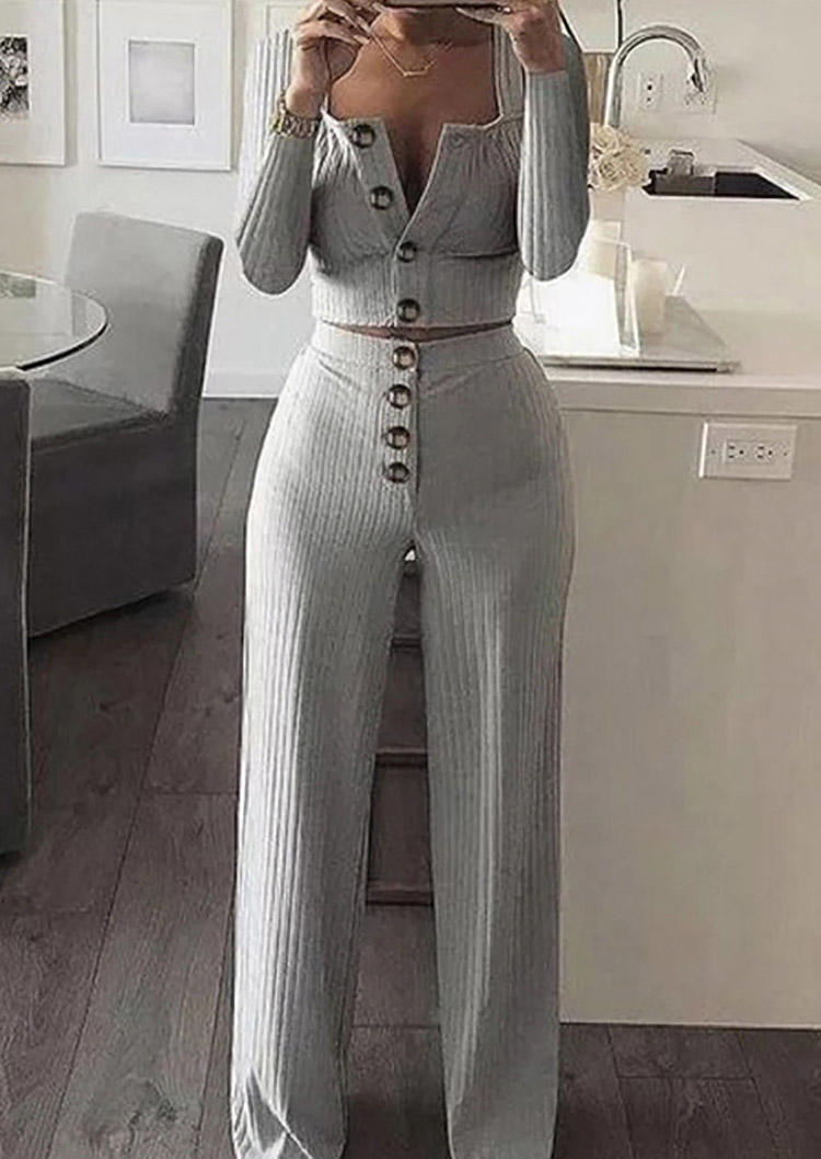 

Two-Piece Sets Button Crop Top And Pants Two-Piece Set in Gray. Size