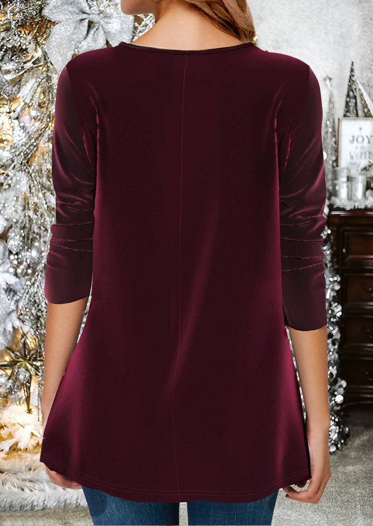 Blouses Sequined Splicing O-Neck Blouse in Burgundy. Size: M,XL