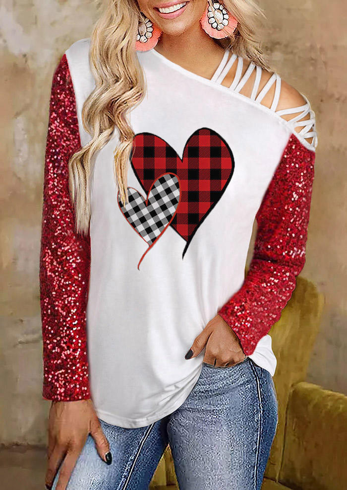 Valentine Sequined Splicing Plaid Love Criss-Cross Blouse - White