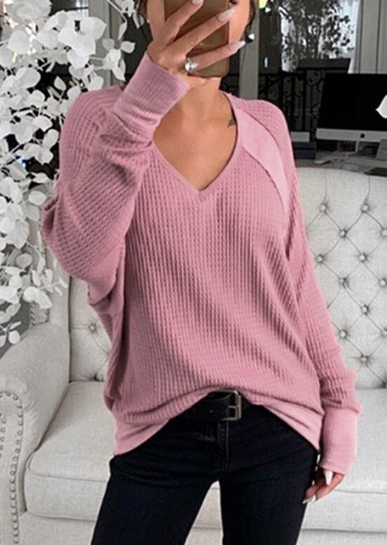 

Blouses Splicing V-Neck Long Sleeve Blouse in Pink. Size