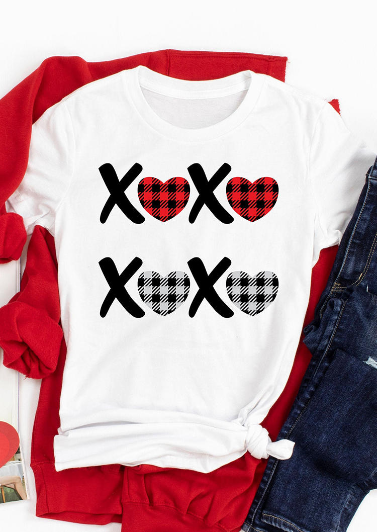 Xoxo Plaid Heart T-Shirt Tee - White