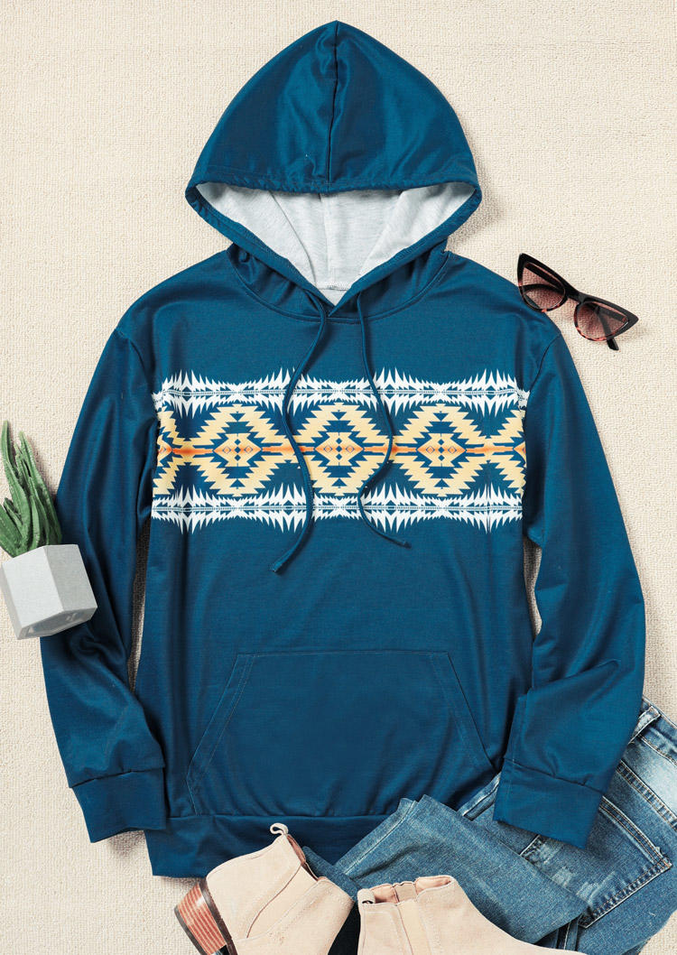 

Hoodies Aztec Geometric Kangaroo Pocket Hoodie in Deep Blue. Size