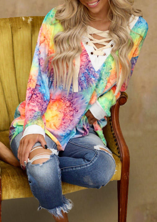 Blouses Tie Dye Lace Up Long Sleeve Blouse in Multicolor. Size: L