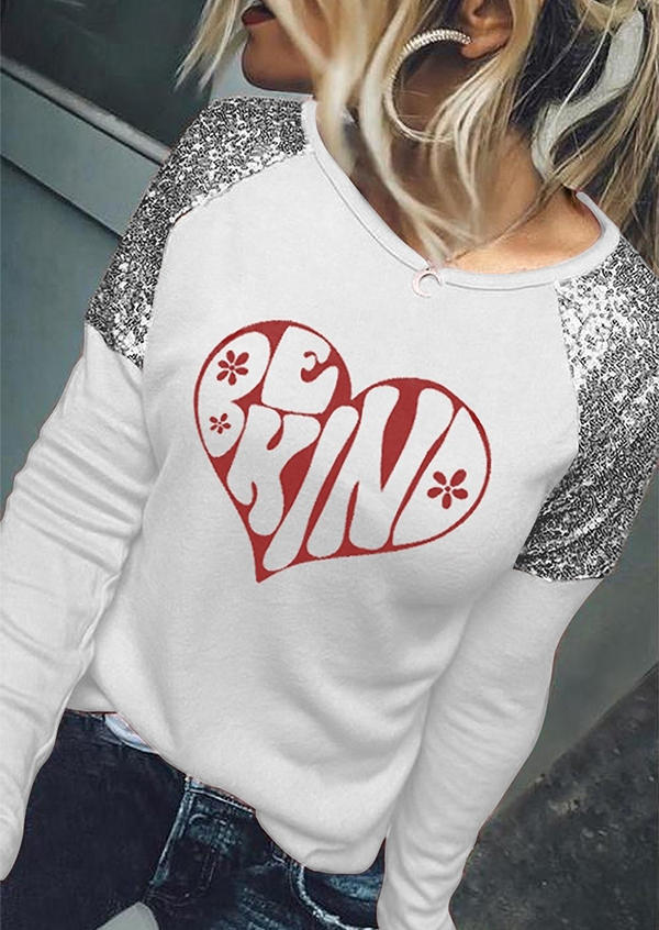 Sequined Splicing Be Kind Heart T-Shirt Tee - White