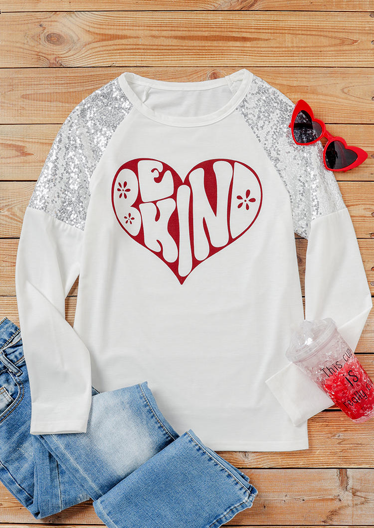 Sequined Splicing Be Kind Heart Blouse - White