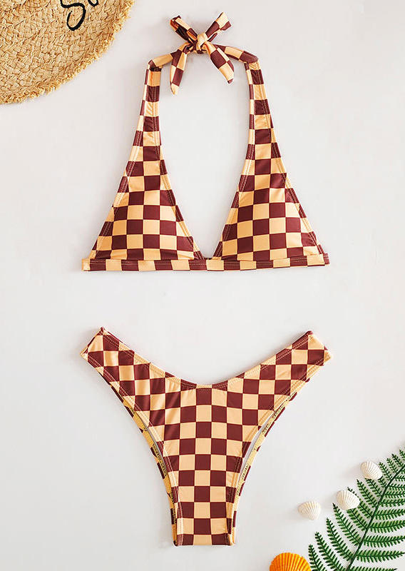 

Bikini Sets Checkered Halter Tie Bikini Set in Brown. Size