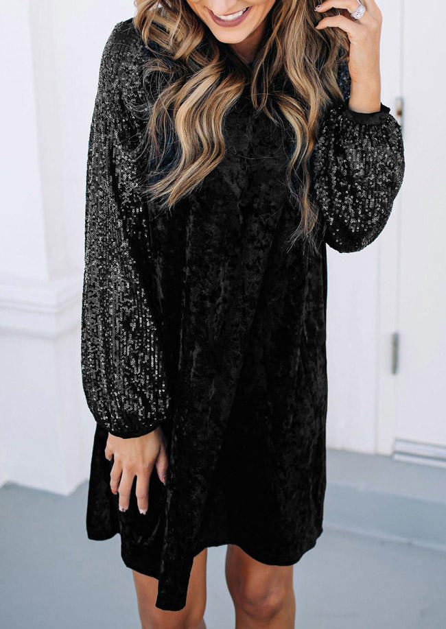 

Mini Dresses Sequined Velvet Long Sleeve Mini Dress in Black. Size: ,M,L,XL