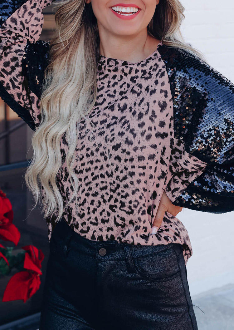 Blouses Sequined Splicing Leopard Long Sleeve Blouse in Multicolor. Size: L,M,S,XL