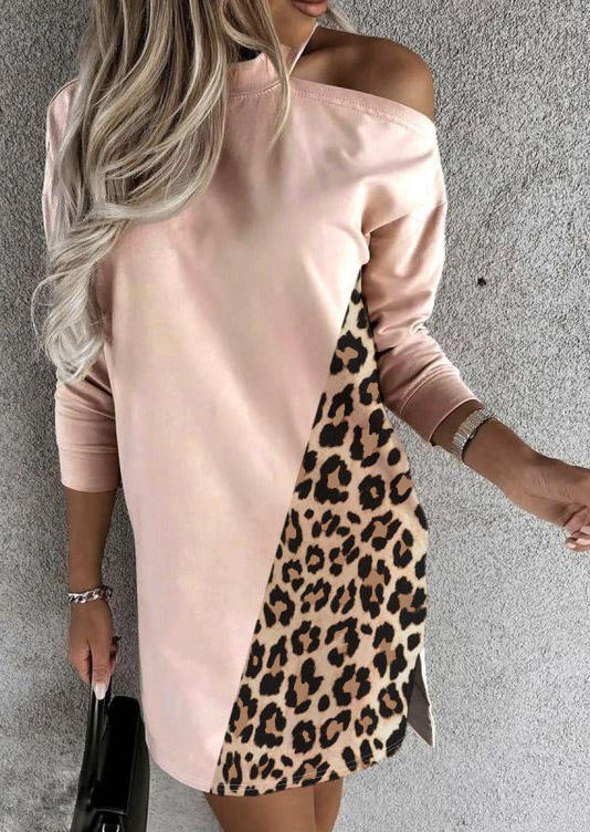 Leopard Slit One Sided Cold Shoulder Mini Dress - Pink