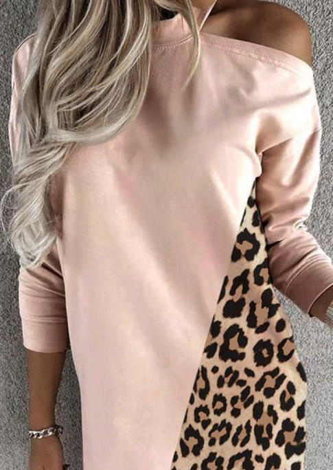 Mini Dresses Leopard Slit One Sided Cold Shoulder Mini Dress in Pink. Size: L,M,S,XL