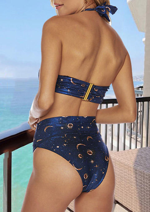 Bikini Sets Moon Star Criss-Cross Halter Bikini Set in Blue. Size: S,M,L