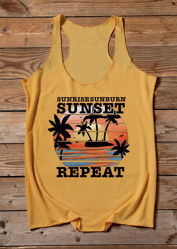 

Tank Tops Sunrise Sunburn Sunset Repeat Racerback Tank Top in Yellow. Size