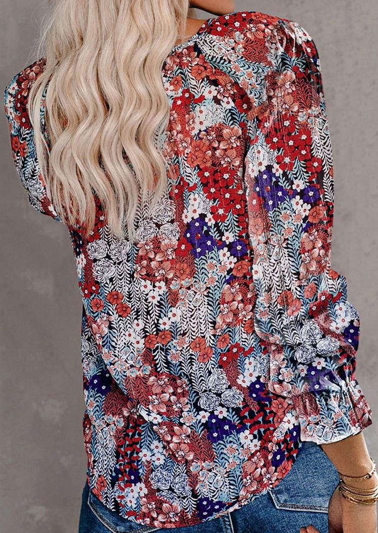 Blouses Floral Elastic Cuff Long Sleeve Blouse in Multicolor. Size: S,M,L,XL